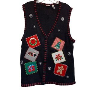 Holiday Editions Sweater Vest XL Black Christmas Patchwork Gingerbread Snowflake